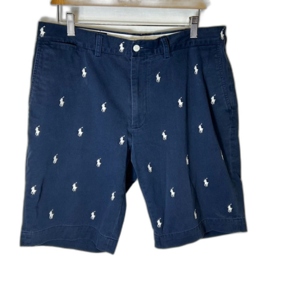 Polo Ralph Lauren Navy All-Over Embroidered Pony Flat Front Chino Shorts Size 36 - Picture 2 of 12